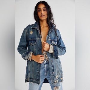 NEW Free People Destroyed Long & Lean Trucker Jacket Deep Indigo